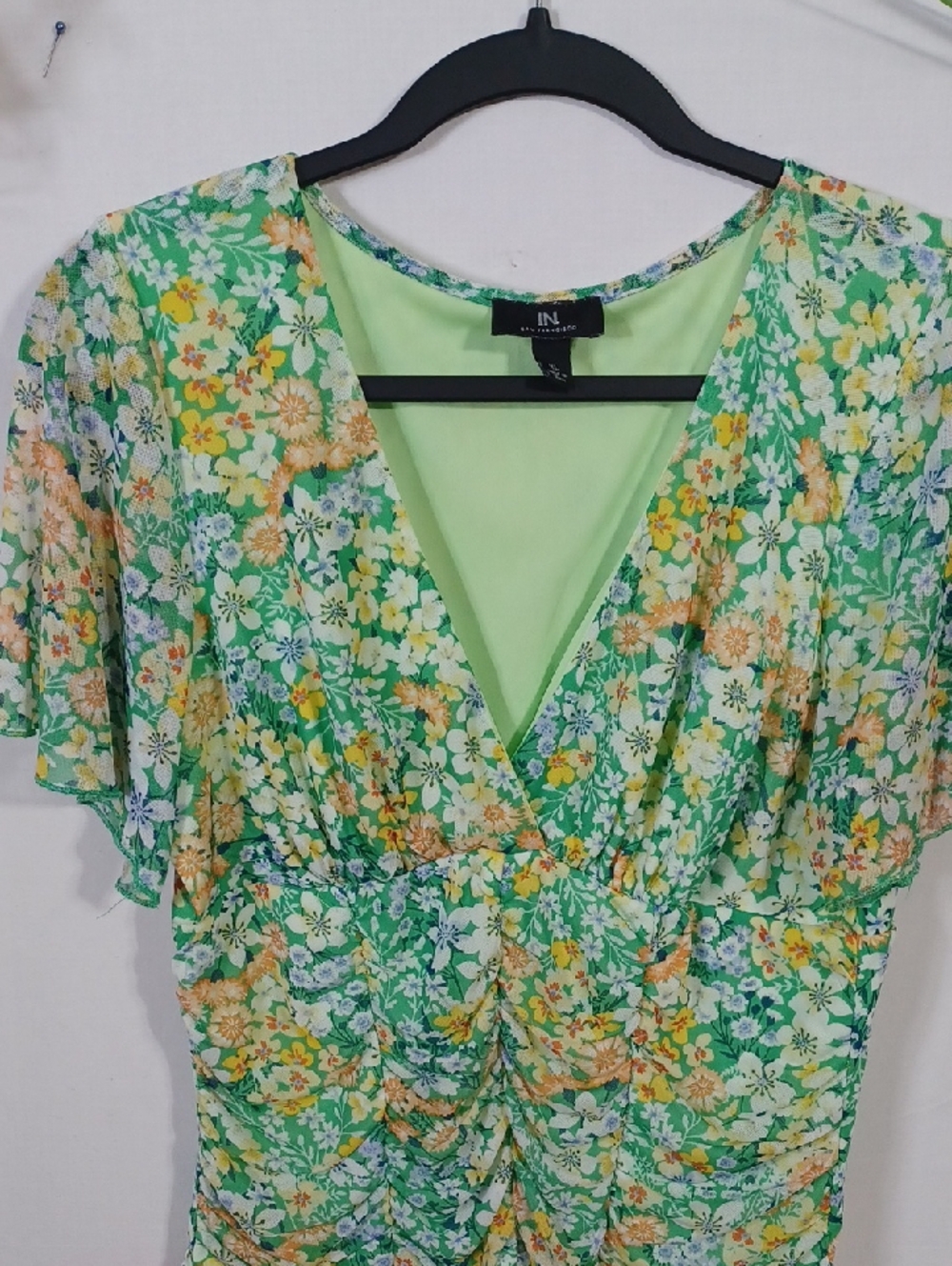 In Bloom Green Floral V-Neck Ruched Tunic